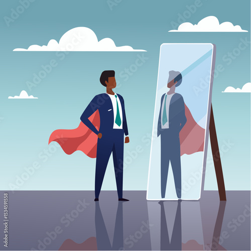 Self confidence or self esteem believe in yourself, positive attitude to success, ambition or determination to achieve goals, businessman looking at his strong ideal self superhero reflection mirro