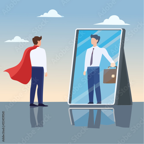 Self confidence or self esteem believe in yourself, positive attitude to success, ambition or determination to achieve goals, businessman looking at his strong ideal self superhero reflection mirro