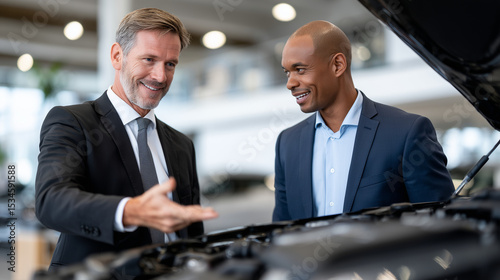 Salesman gestures toward engine of luxury car with hood up, explaining features to interested male customer in a sunlit, high-ceilinged dealership