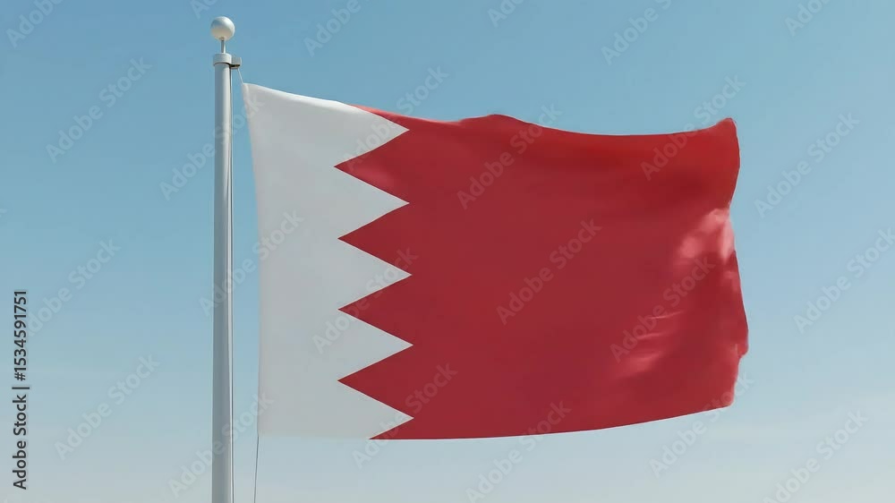 The Bahraini flag fluttering calmly in the morning breeze, isolated against a soft, cloudless sky.