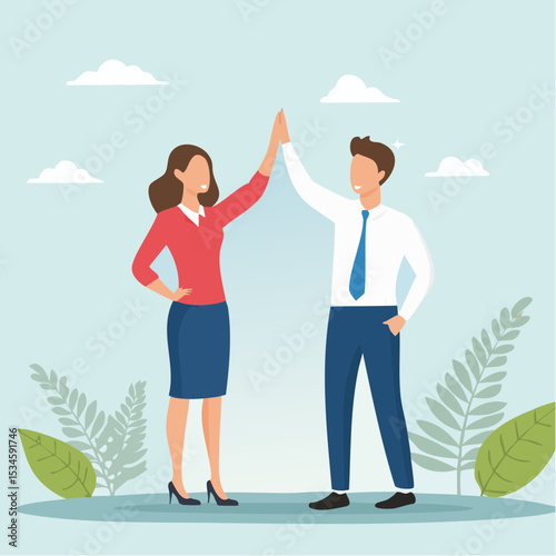 Employee, organization or company worker, team or teamwork success together, staff partnership or community concept, success businessman, businesswoman colleague high five for winning celebratio