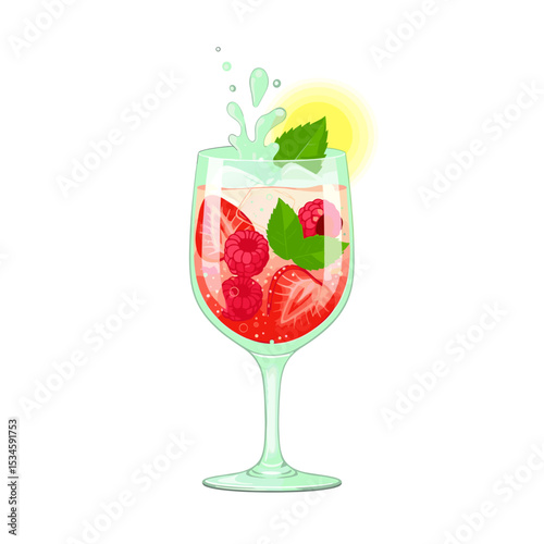 Refreshing cocktail with strawberries and raspberries in glass  