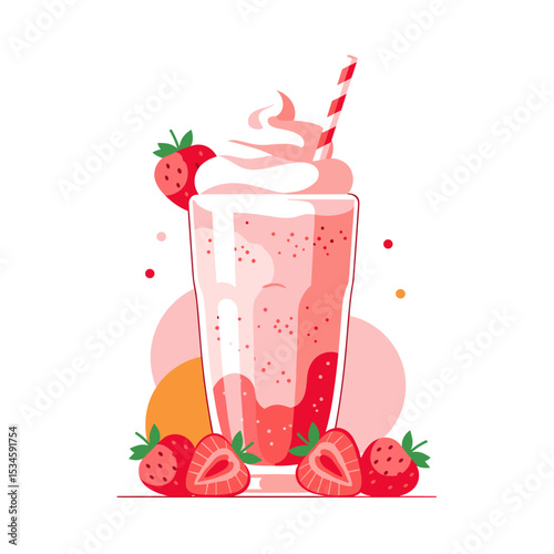 Strawberry milkshake in glass with whipped cream and straw  