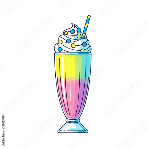 Colorful milkshake with whipped cream and straw in glass  