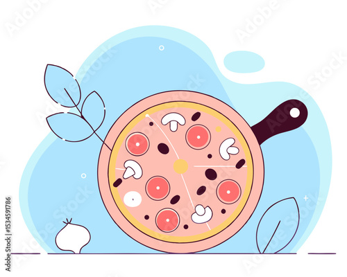 Fresh pizza with tomato, cheese, olive, sausage, onion, basil. Traditional italian fast food. Top view meal. European snack. Isolated white background
