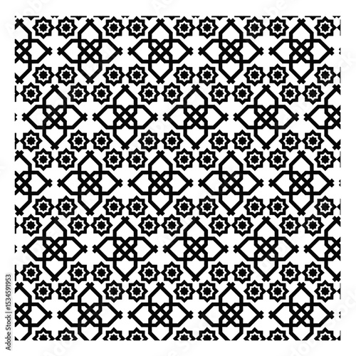 black and white seamless pattern, monochrome geometric repeating pattern, Islamic geometric art, four-lobed or quatrefoil shape, prominent repeating, symmetry, tessellation, star and stylized, eight
