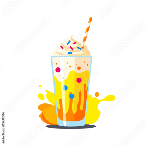 Colorful milkshake in tall glass with straw and sprinkles  