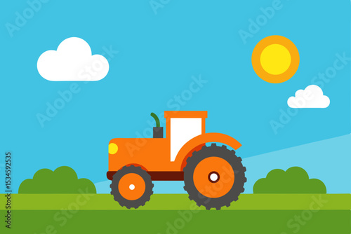 Sunny Day on the Farm A Vibrant Illustration of a Tractor in a Lush Green Field