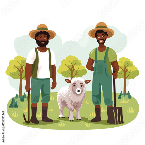 Professional Farmer Men with Rake and Afroamer Farm Animals Working Together Image
