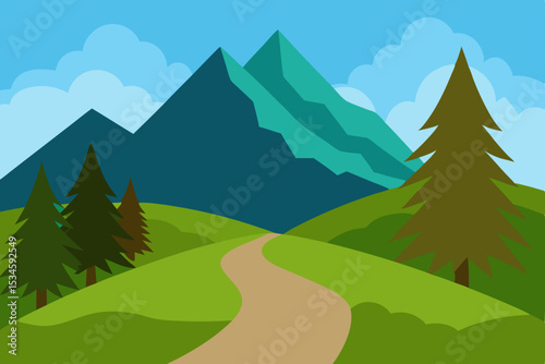 Serene Mountain Landscape Winding Path Through Lush Green Hills and Majestic Peaks