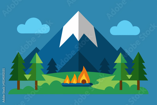 Majestic Mountain Campfire A Serene Nature Illustration