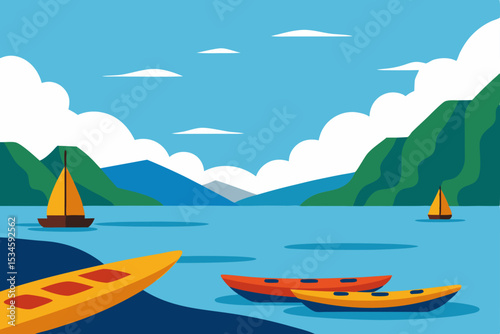Serene Lakeside Escape Kayaks and Sailboats on Calm Waters