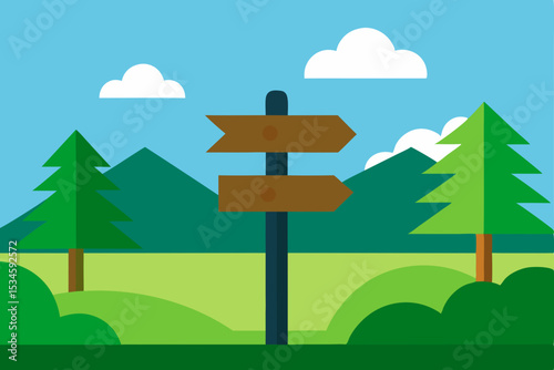 Serene Mountain Landscape with Rustic Wooden Signpost Guiding Your Journey