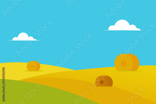 Serene Summer Hay Bales Landscape Golden Fields Under Blue Sky