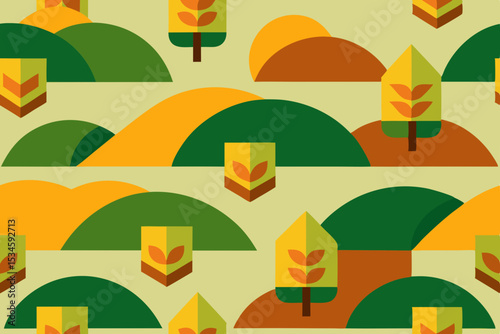 Autumnal Landscape Seamless Pattern Geometric Hills, Trees, and Harvest Colors