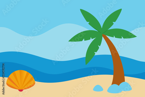Tropical Beach Paradise Palm Tree, Ocean Waves, and Seashell Illustration