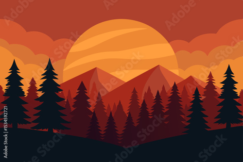 Majestic Sunset over Mountain Range and Pine Forest A Serene Landscape Illustration