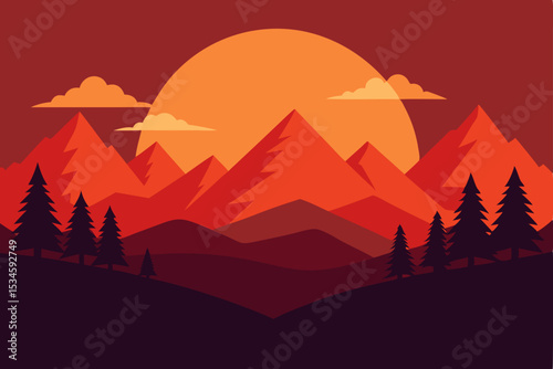 Majestic Sunset Mountain Landscape A Vibrant Vector Illustration of Serene Peaks and Golden Sun