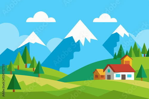 Serene Mountain Landscape Picturesque Village nestled amidst Majestic Peaks and Lush Green Hills