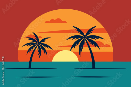 Sunset Paradise Tropical Beach Scene with Palm Trees and Vibrant Colors