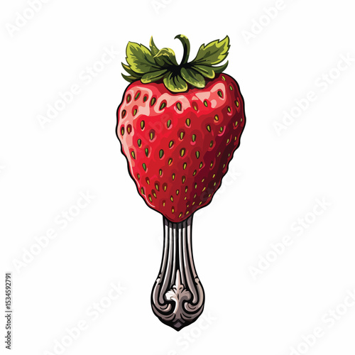 Elegant Fork with Strawberry Vector Illustration Isolated on White Background