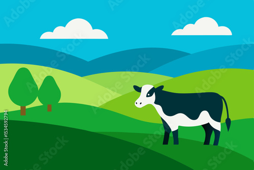 Serene Cow Grazing in Rolling Green Hills A Pastoral Scene