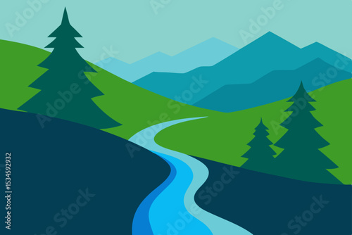 Serene Mountain River Landscape A Peaceful Vista Illustration