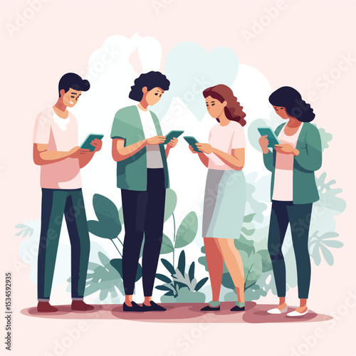 Group of friends using smartphones for mailing and communication in vector illustration