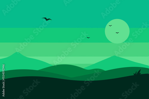 Serene Green Landscape Minimalist Mountain and Sky Illustration