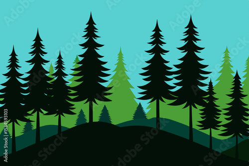 Majestic Evergreen Forest Silhouette A Serene Nature Landscape Illustration