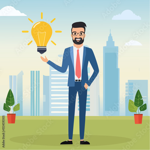 Solution expert solving problem or leader giving advise in meeting discussion, thinking for solution, creativity or professional to help, eureka moment concept, businessman with bright lightbul