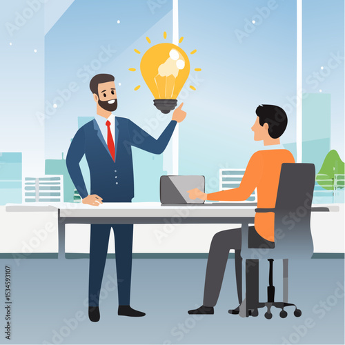 Solution expert solving problem or leader giving advise in meeting discussion, thinking for solution, creativity or professional to help, eureka moment concept, businessman with bright lightbul