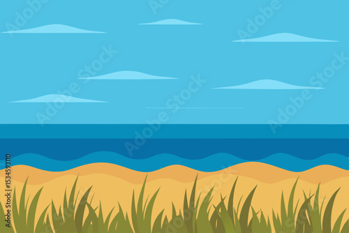 Serene Coastal Scene Beach, Ocean, and Sky Illustration