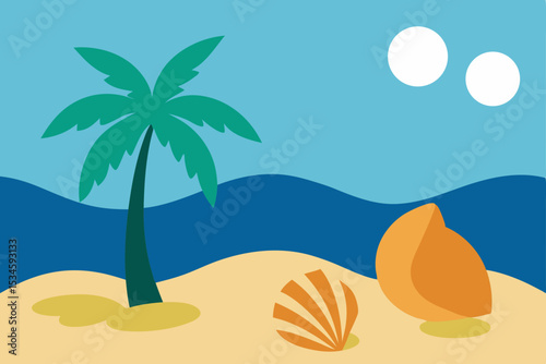 Tropical Beach Scene Palm Tree, Ocean Waves, and Seashells Illustration