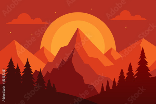 Majestic Sunset Mountain Landscape Fiery Hues and Silhouette Peaks
