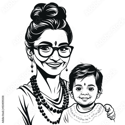 Traditional Indian Family Woman with Braid and Young Boy, Cultural Diversity Concept
