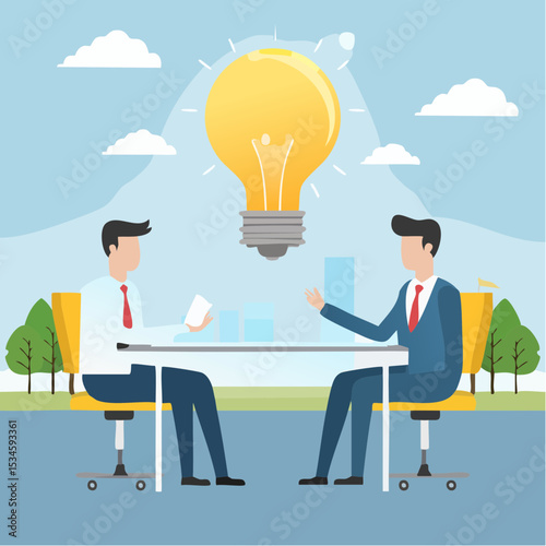 Solution expert solving problem or leader giving advise in meeting discussion, thinking for solution, creativity or professional to help, eureka moment concept, businessman with bright lightbul