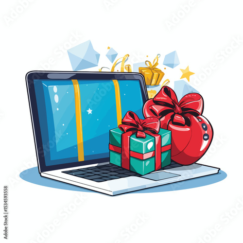 Professional image of laptop computer with gift box and boxing glove for digital marketing campaigns