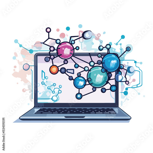 Professional Laptop with Molecular Structure and Health Icon Vector for Medical Illustrations
