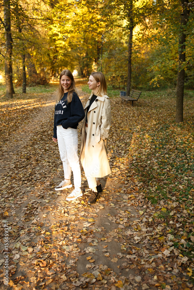 Fototapeta premium Two friends pose together in a golden autumn park, enjoying the warm light and cozy atmosphere of a beautiful day.