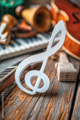 Musical notes and treble clef on old sheet music with a vintage aesthetic photo