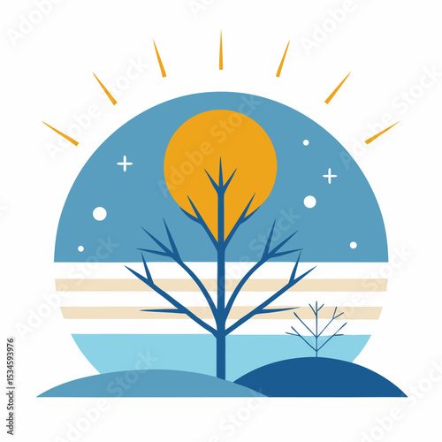 Stylized Sun and Snowflakes Vector for Winter Solstice Celebration