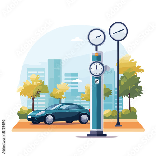 Urban Scene with Parked Pick Up Truck in Lot with Parking Meter in City Setting