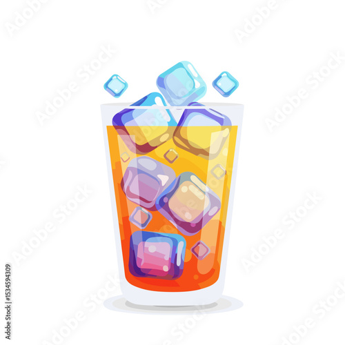 Refreshing drink with ice cubes in a transparent glass  
