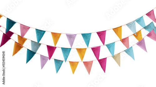Colorful triangle bunting flags arranged on a string against a modern and white background for celebrations and parties