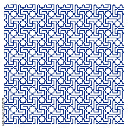 abstract geometric pattern, repeating geometric pattern, traditional Islamic geometric art, interlocking, geometric shapes, L shaped elements, infinite-seeming pattern, intricate linework and shapes, 