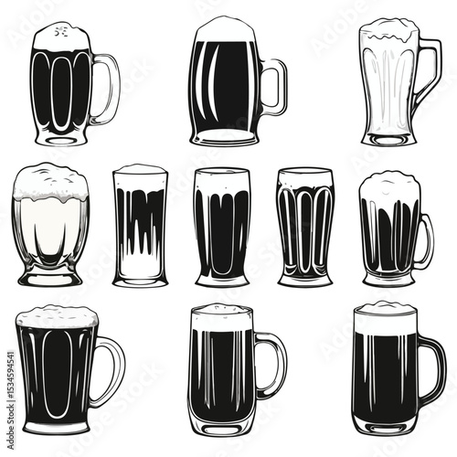 Collection of Monochrome Beer Cups for Graphic Design Projects