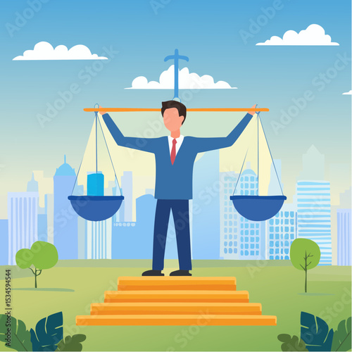 Principles and business ethic to do right things, social responsibility or integrity to earn trust, balance and justice for leadership concept, confident businessman leader lift balance ethical scal