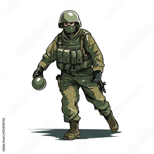 Professional Vector Illustration of a Powerful Soldier in Military Force Holding Grenade