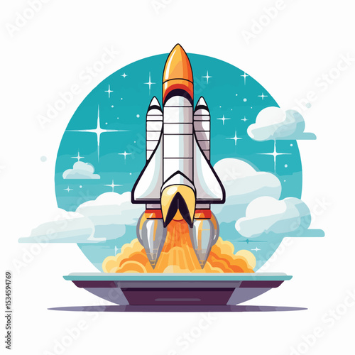 Futuristic Spaceship on Take-Off Platform Symbol Isolated Vector Illustration for Technology Concepts